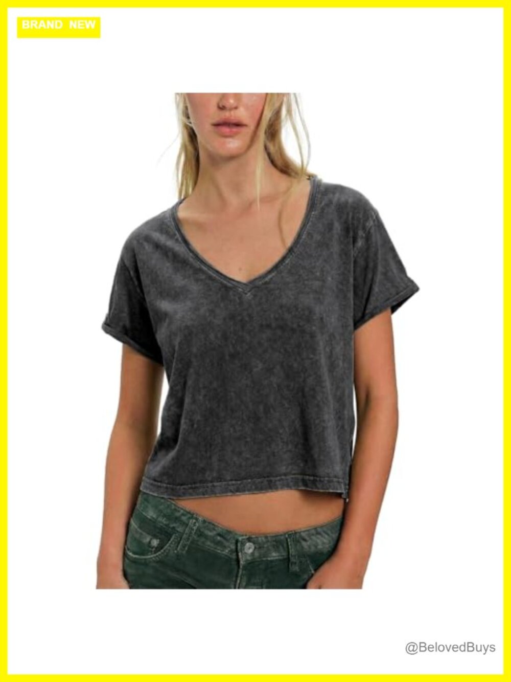 100% Cotton Cropped Acid Wash V Neck T Shirt Oversized Tee